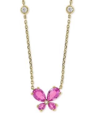 Effy Pink Sapphire (1-1/2 Ct. T.w.) & Diamond (1/10 Ct. T.w.) Butterfly 18 Pendant Necklace In 14k Gold