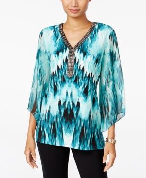 Jm Collection Petite Beaded Printed Top, Only At Macy's
