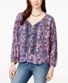 Lucky Brand Printed Embroidered Peasant Top