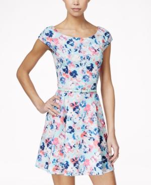 As U Wish Juniors' Belted Floral-print Fit & Flare Dress