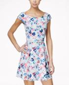 As U Wish Juniors' Belted Floral-print Fit & Flare Dress