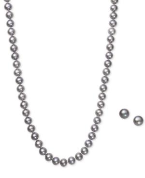 Gray Cultured Freshwater Pearl (6mm) Necklace And Matching Stud (7-1/2mm) Earrings Set In Sterling Silver
