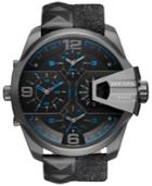 Diesel Men's Chronograph Uber Chief Black Studded Leather And Denim Strap Watch 55x62mm Dz7393