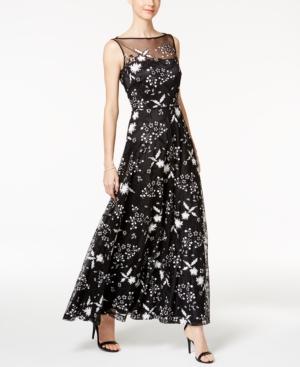 Tahari Asl Sequined Flower Illusion Gown