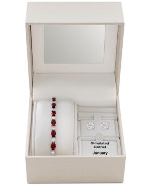 Simulated Garnet Slider Bracelet & Cubic Zirconia Stud Earrings