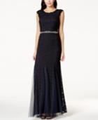 Betsy & Adam Petite Jeweled Chiffon-lace Gown