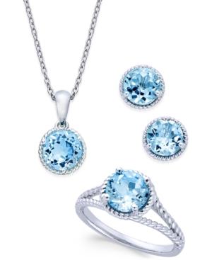 Blue Topaz Rope-style Pendant Necklace, Stud Earrings And Ring Set (5 Ct. T.w.) In Sterling Silver