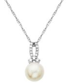 10k White Gold Necklace, Cultured Freshwater Pearl And Diamond Accent Loop Pendant