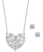 Charter Club Silver-tone Crystal Heart Pendant Necklace And Crystal Stud Earrings