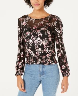 Almost Famous Juniors' Metallic Floral-printed Smocked Top
