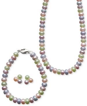 Fresh By Honora Children's Pearl Jewelry Set, Sterling Silver Multicolor Cultured Freshwater Pearl Set