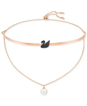 Swarovski Rose Gold-tone Crystal Swan And Imitation Pearl Two-layer Choker Necklace