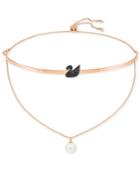 Swarovski Rose Gold-tone Crystal Swan And Imitation Pearl Two-layer Choker Necklace