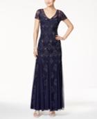 Adrianna Papell V-neck Beaded Lace Gown