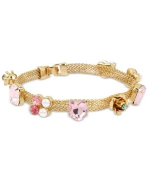 Betsey Johnson Gold-tone Flower And Stone Decorated Mesh Bracelet