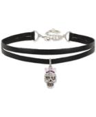 Betsey Johnson Silver-tone Pave Skull Charm Imitation Leather Double Row Choker Necklace