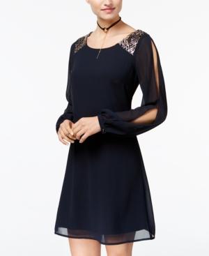 Sequin Hearts Juniors' Split-sleeve Embellished Chiffon Dress