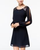 Sequin Hearts Juniors' Split-sleeve Embellished Chiffon Dress