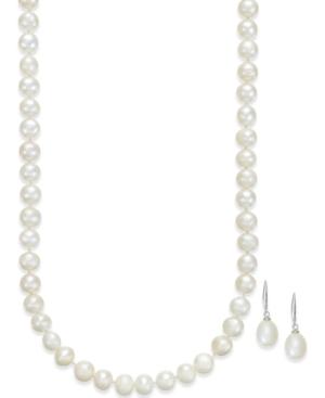 Cultured Freshwater Pearl Necklace (7-7 1/2mm) And Drop Earrings (9 1/2-10mm) Set In Sterling Silver