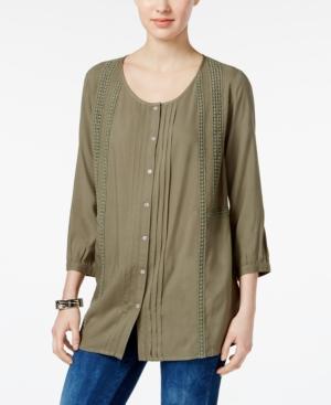 Jm Collection Pleated Crochet-trim Blouse, Created For Macy's