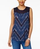 Style & Co Chevron-print Lace-neck Top, Only At Macy's