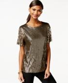 Bar Iii Short-sleeve Mesh-trim Sequin Top