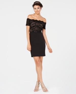 City Studios Juniors' Glitter-lace Off-the-shoulder Dress