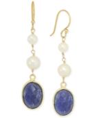 Cultured Freshwater Pearl (4mm) And Lapis (9 Ct. T.w.) Linear Earrings In 14k Gold Over Sterling Silver