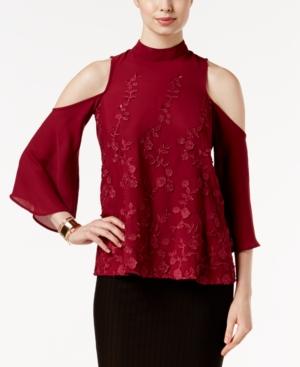 Eci Lace-applique Cold-shoulder Top