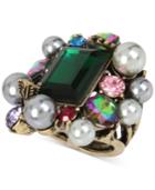 Betsey Johnson Brass-tone Green Stone, Imitation Pearl And Crystal Cluster Ring