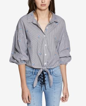 Sanctuary Clover Cotton Tie-hem Striped Embroidered Shirt
