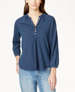 Lucky Brand Three-quarter-sleeve Indigo Striped Top