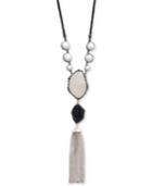Lucky Brand Silver-tone Druzy Stone, Imitation Pearl & Chain Tassel Rope Cord 28 Pendant Necklace