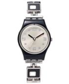 Swatch Watch, Women's Swiss Chessboard Black And White Enamel And Stainless Steel Bracelet 25mm Lb160g