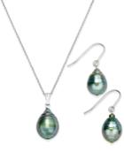 Tahitian Pearl (8mm) Pendant Necklace And Matching Drop Earrings Set In Sterling Silver