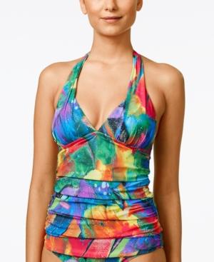 La Blanca Feathering Colors Printed Shirred Halter Tankini Top Women's Swimsuit