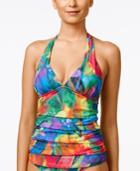 La Blanca Feathering Colors Printed Shirred Halter Tankini Top Women's Swimsuit