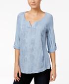 Style & Co Petite Split-neck Embroidered Top, Only At Macy's