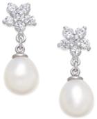 Cultured Freshwater Pearl (7x9mm) And Cubic Zirconia Flower Top Drop Earrings In Sterling Silver