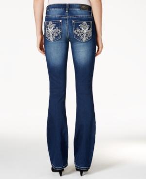 Zco Juniors' Ripped Embellished Dark Wash Flared Jeans