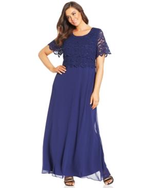 R & M Richards Plus Size Sequin Lace Tiered Bodice Gown