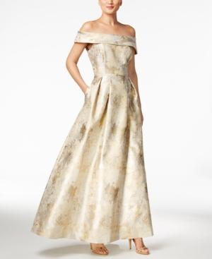 Calvin Klein Printed Metallic Off-the-shoulder Gown