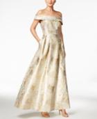 Calvin Klein Printed Metallic Off-the-shoulder Gown