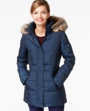 Anne Klein Faux-fur-trim Contrast-quilted Down Coat
