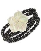 Onyx (122 Ct. T.w.) And Mother Of Pearl (32 Mm) Flower Stretch Bracelet In Sterling Silver
