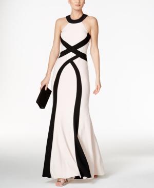 Xscape Colorblocked Open-back Halter Gown