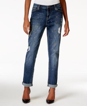 Earl Jeans Paint-splatter Boyfriend Dark Blue Wash Jeans