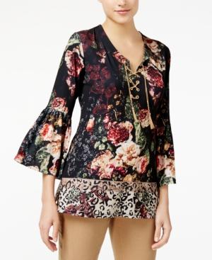 Jm Collection Mixed-print Lace-up Tunic, Created For Macy's