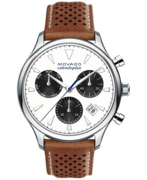 Movado Men's Swiss Chronograph Heritage Series Calendoplan Cognac Leather Strap Watch 43mm 3650008