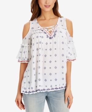 Vintage America Ariana Embroidered Cold-shoulder Top